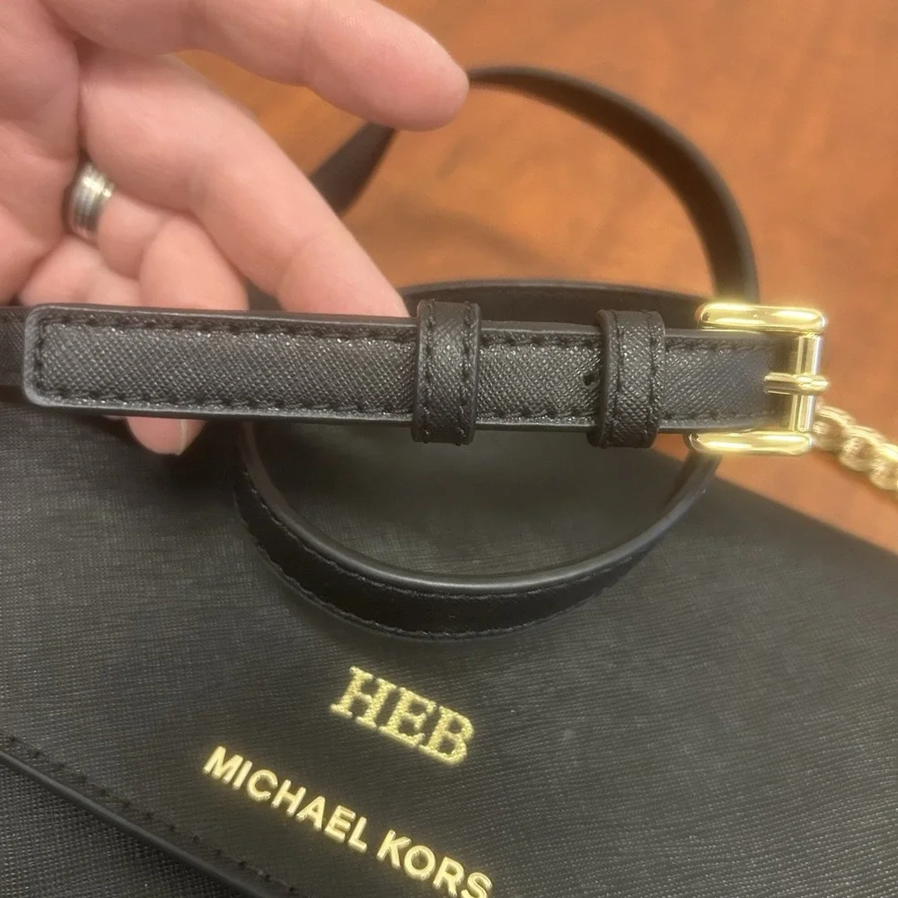 Michael Kors Daniela Crossbody Handbag Black Flap Saffiano Leather Chain INITIAL